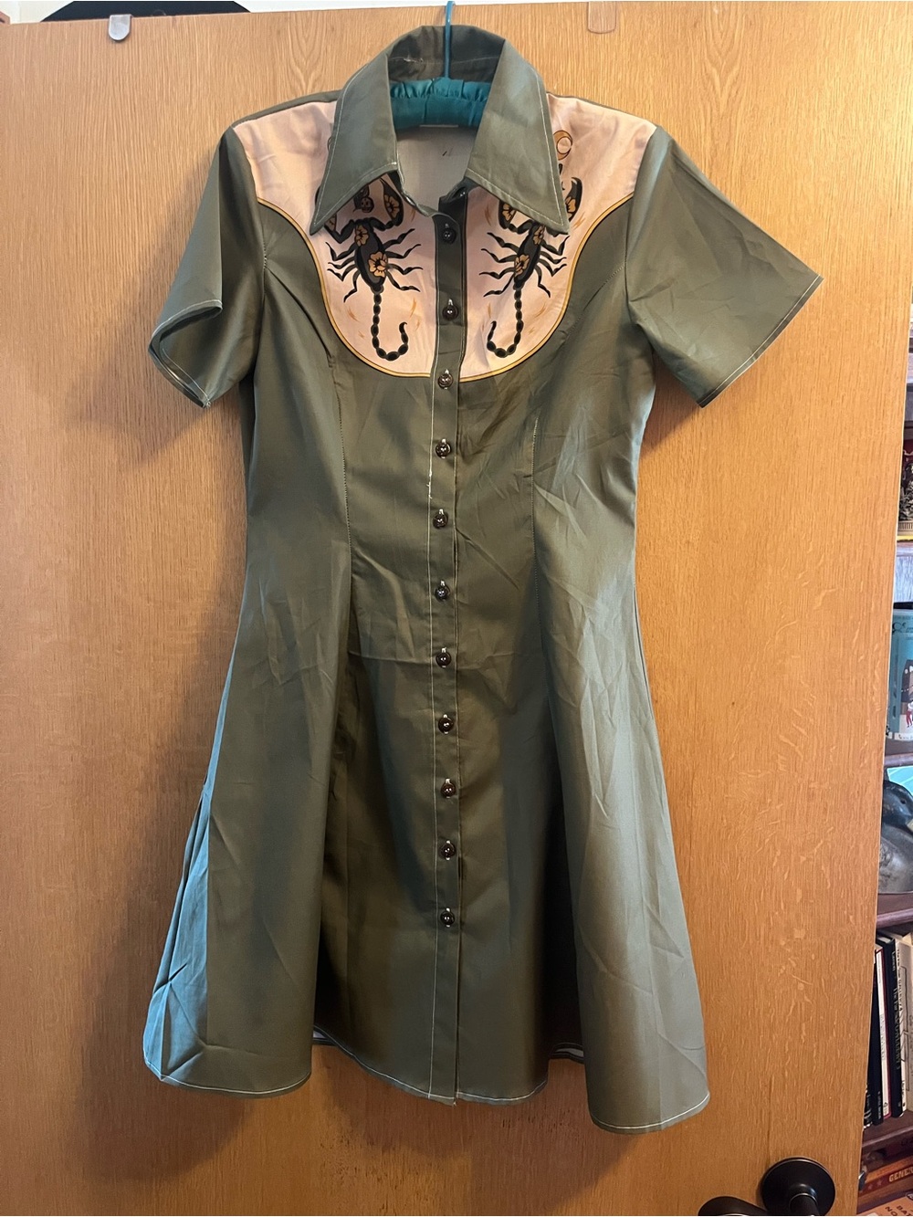 Olive Green Western Shirt Dress with Scorpion Yoke